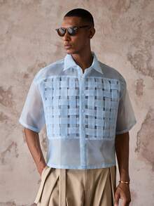 AKNOTIC Men's Single-Breasted Organza Woven Trim Short Sleeve Shirt - Baby Blue - View 3