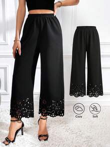 SHEIN PETITE CURVE 大码女式激光镂空阔腿裤，适合夏季穿着，日常通勤、办公室、会议、度假海滩，黑色 - 黑色 - 查看 8