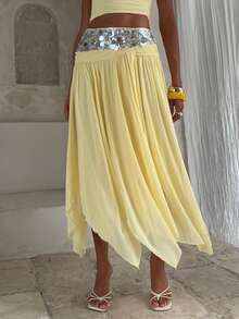 Opulessa Women's Sequin Pattern Pleated Casual Sequin Sexy Versatile Daily Wear Skirt Beach Silver Summer - Yellow - View 6