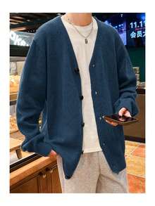 Manfinity Hypemode Men's Casual Versatile Solid Color Cardigan, Autumn/Winter - Navy Blue - View 1
