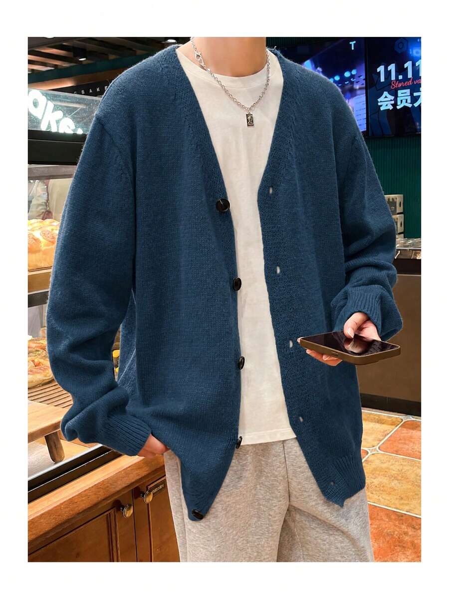 Manfinity Hypemode Men's Casual Versatile Solid Color Cardigan, Autumn/Winter - Navy Blue - View 1