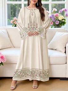 SHEIN Najma 大尺碼女款圓領長袖阿拉伯風洋裝 - 彩色 - 查看 3