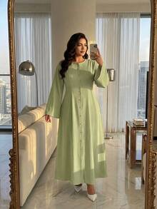 SHEIN Lady CURVE 春秋新款优雅休闲通勤日常旅行度假喇叭袖纽扣前襟喇叭下摆复古腰A字浪漫日常通勤办公室工作波西米亚风连衣裙 - 薄荷綠 - 查看 7