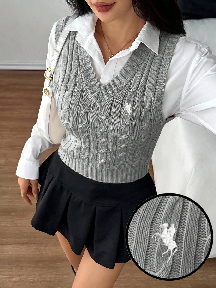 SHEIN PETITE 女款騎士圖案麻花編織V領休閒背心 - 淺灰色 - 查看 1
