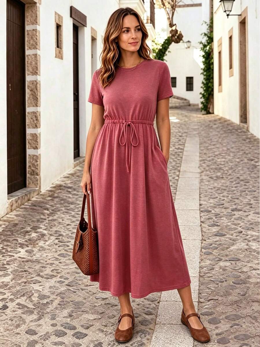 SHEIN Essnce 女士休闲纯色抽绳口袋连衣裙 - 紅色 - 查看 1