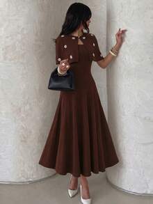 NOVVYNE Women's Brown Knitted Cardigan With 3D Beaded Embellishments, Elegant Romantic Small Shawl And Waist-Cinching A-Line Sleeveless Elegant Romantic Dress 2 Pieces Set - Apricot - View 5