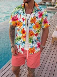 VIVINTIMO White,Hot Pink,Summer,Tropical,Vacation Men's Shirt Set,Watercolor Effect Tropical Plant Floral Full Print Short Sleeve Shirt And Shorts Combination - White - View 3