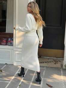 Strévra Women's 2pcs Set: White Crew Neck Long Sleeve Knit Sweater And High Waist Slim Fit Ribbed Knit Pants For Winter - White - View 2