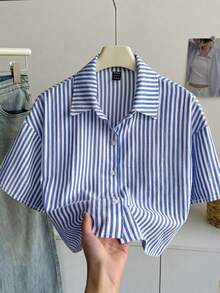 SHEIN Tween Girl Casual Daily Fashion Yellow & Black Striped Loose Short Sleeve Shirt - Blue - View 3