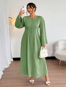 Firerie Vestido para mujer de talla grande, primavera/otoño, nuevo, minimalista, elegante, casual para ir a la oficina, viajes y vacaciones, con manga larga, botones delanteros, bajo acampanado pequeño, cintura ceñida, corte A, estilo vintage, romántico, bohemio y profesional - Verde - Ver 7