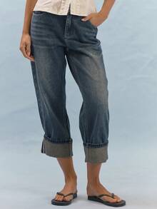 MUSERA Mid Rise Straight Leg Jeans With Folded Cuff Detail Summer Casual Everyday Girly Y2K Soft Social - Dark Wash - View 2