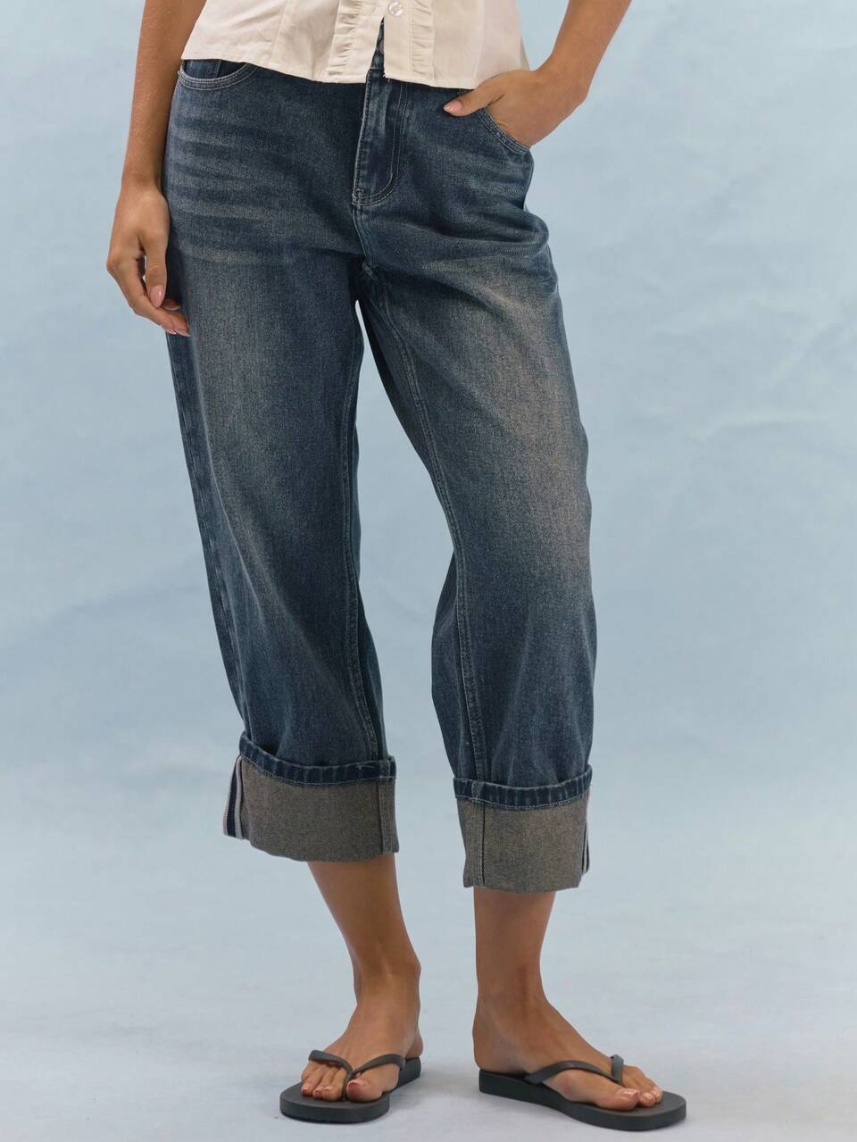 Dark Wash Denim Folded Cuff Straight Leg Jeans