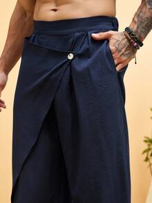 Palmeraft Men's Plus Size Solid Color Button Casual Versatile Daily Travel Long Pants - Navy Blue - View 3