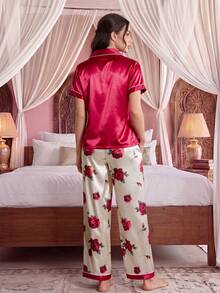 Jahmira Faux Silk Solid Color Collar Short Sleeve Top And Floral Elegant Pants Pajama Set - Multicolor - View 2