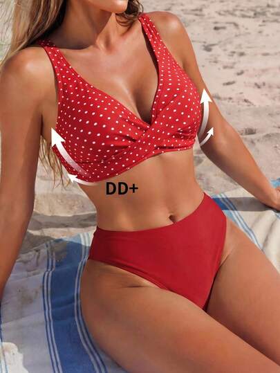 SHEIN 2026SwimDD+ Nuovo set di costumi da bagno a 2 pezzi da donna con stampa a pois rossi, adatto per l'abbigliamento estivo da spiaggia, stile casual e alla moda per le vacanze