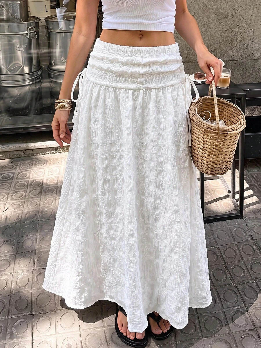 SHEIN 青少年女孩白色梭織克ريب緹花蝴蝶結裝飾休閒長裙 - 白色 - 查看 1