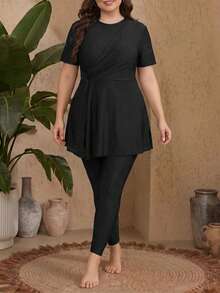 Swim Mulvari Burkini de tela de unicolor conservador para mujer talla grande - Negro - Ver 3