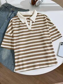 Comfortcana White Pattern Polo Collar Plus Size Short Sleeve T-Shirt Suitable For Summer Wear Back-To-School 90s Teacher Graduation Bussines Casual 1920s - Brown - View 3