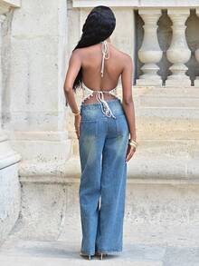 Mima John Women's Sexy Sequin Embroidered Backless Halter Top For Vacation Suitable For Beach Vacation, Casual, Holiday , Going Out, Party, Spring Summer, Festival, Elegant Party , Beach Vacation, Wedding Guest Sets, Formal Graduation, Work For Women - Apricot - View 2