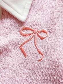 Vintaside Kids 2pcs/Set Baby Girl Comfortable Casual Fashion Pink Textured Fabric Contrast White Collar Cute Bow Embroidery Long Sleeve Top And Denim Shorts 3D Bow Fashion Versatile Two Pieces Outfit Suitable For Spring And Autumn Daily Wear - Multicolor - View 8