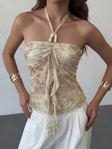 Aloruh Women's Summer Beach Vacation Style Leopard Print Ruched Bust Knot Halter Top - Apricot - View 7