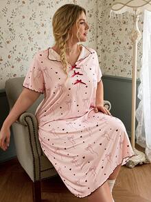 CottageSlumber Women's Bow & Heart Print Short Sleeve Plus Size Nightgown - Pink - View 1