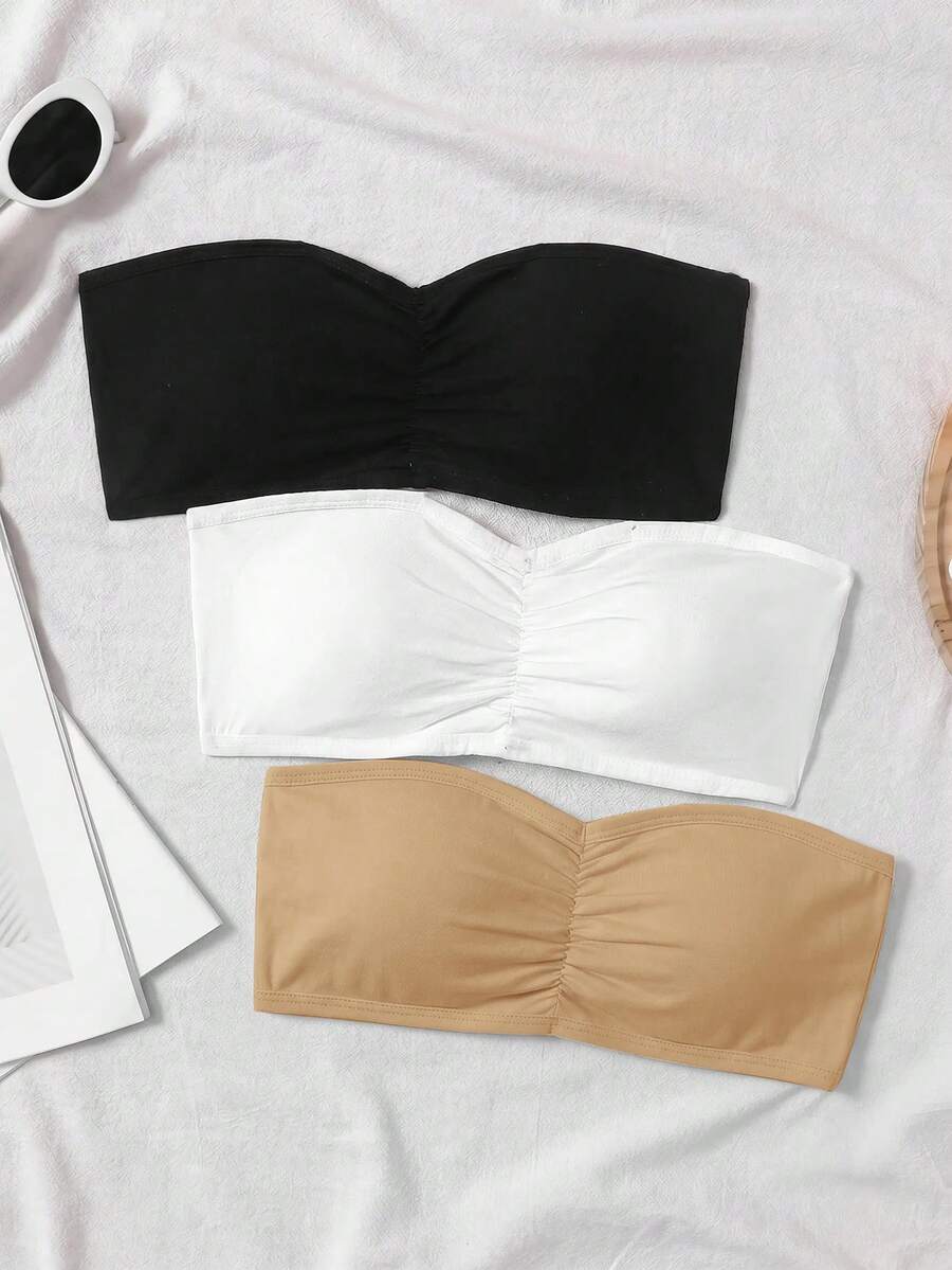 SHEIN Tween Girl 3件組休閒抹胸內衣背心內搭衫,黑、白、杏色、卡其色,四季皆宜 - 卡其色 - 查看 1