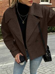 EMERY ROSE Women's Large Lapel Decorative Button Long Sleeve Wool Coat - Coffee Brown - View 7