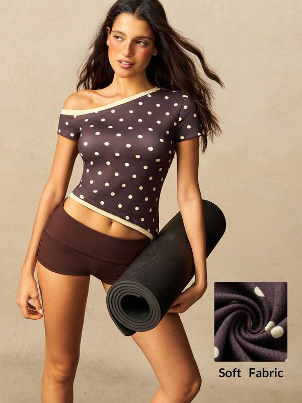 VARSIVA Women's Polka Dot Colorblock Asymmetric Neck Top And Shorts Casual Daily 2-Piece Set