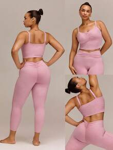GLOWMODE Plus Size FeatherFit™-CloudBlend Studio Form Ruched Active Tank With Adjustable Straps & Removable Cups Ballet Studio Daily - Dusty Pink - View 8