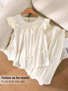 CosyJoli Plus Size Women Casual Fairy Set Bow Flutter Sleeve Blouse Long Pants Summer Clothing Cute White Outing Outfit Two Pieces Sleeping Lounge Home Wear - Apricot - View 4