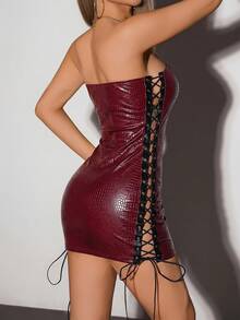 SHEIN ICON Vestido ajustado tipo vendaje con decoración de tiras cruzadas - Burdeos - Ver 2
