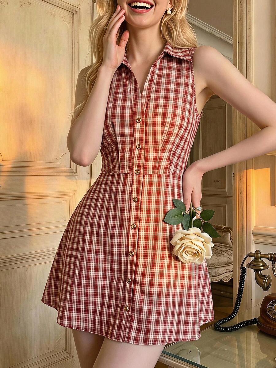 SHEIN MOD 女款紅白格紋單排扣休閒學院風復古基本款性感日常野餐高爾夫迷你洋裝，返校畢業夏季洋裝 - 彩色 - 查看 1