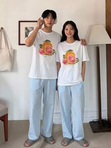DAZY 男士夏季字母印花T恤與條紋長褲家居服睡衣套裝 - 彩色 - 查看 7