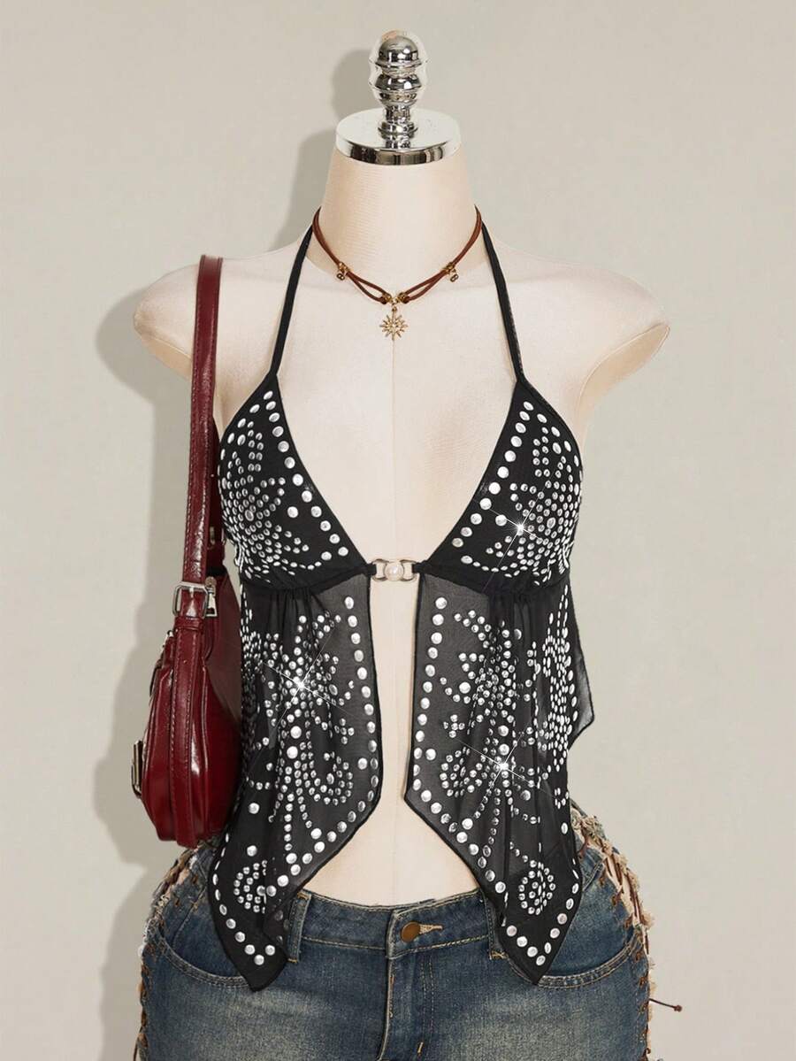 SHEIN ICON 女款鉚釘設計網格掛脖背心上衣,性感開衩下擺 - 黑色 - 查看 1