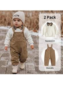 Loomiva Baby Boy Contrast Plaid Collar 2 In 1 Long Sleeve Pullover Sweatshirt & Long Pants 2-Piece Set, Versatile And Comfortable - Apricot - View 1