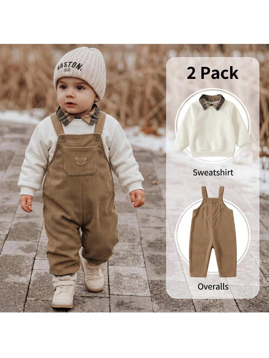 Loomiva Baby Boy Contrast Plaid Collar 2 In 1 Long Sleeve Pullover Sweatshirt & Long Pants 2-Piece Set, Versatile And Comfortable - Apricot - View 1