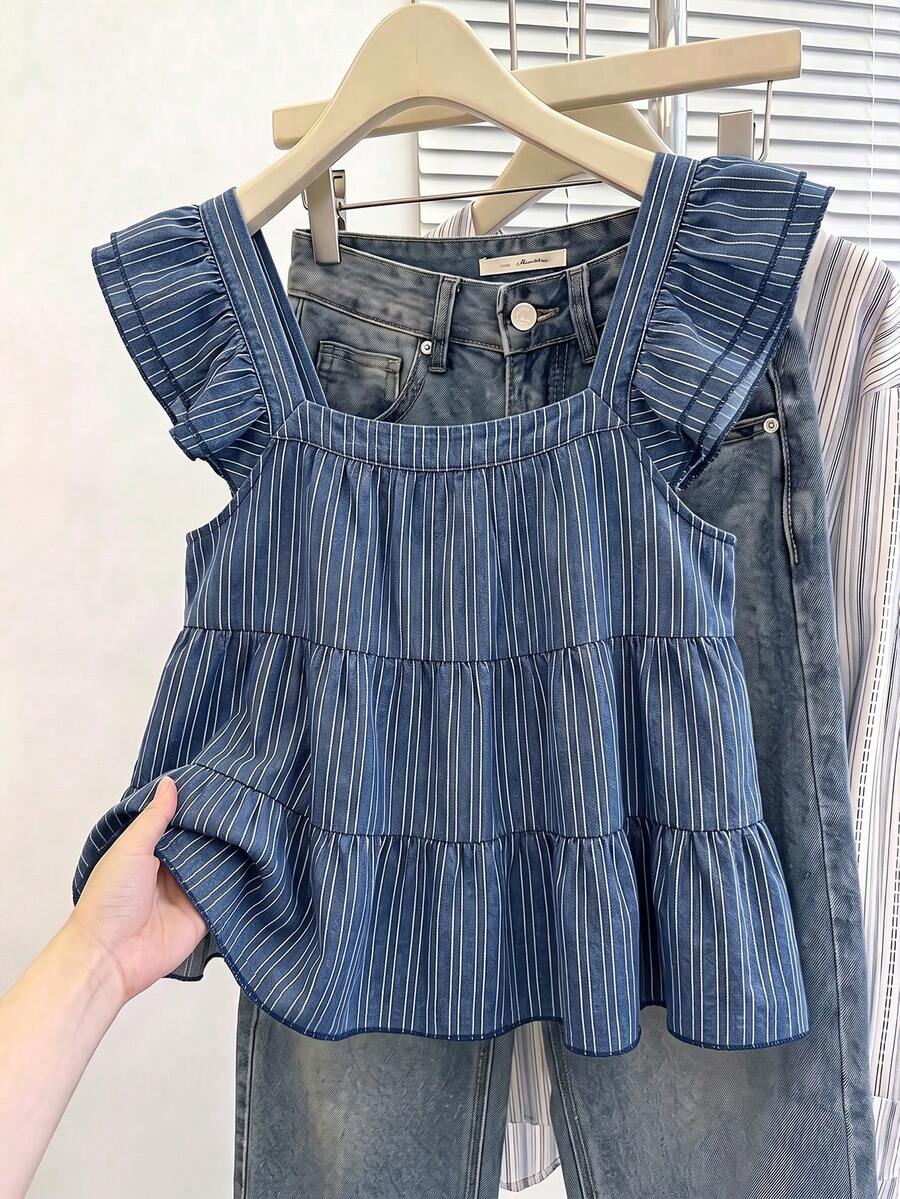 Muvela Casual Minimalist Style Imitation Mechanical Deep Blue Striped All-Over Print Women Shirt, Suitable For Spring And Summer,Summer Top - Multicolor - View 1