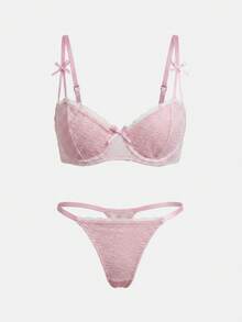 lacRébo Light Pink Lace Underwire Bra And Thong Lingerie Set With Bow Straps Detail Cute Romantic - Baby Pink - View 7