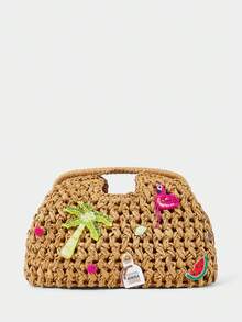 SHECARRY Ladies Fashionable Elegant Spring/Summer Straw Woven Fruit Coconut Tree Beaded Decorative Clutch Bag, Summer Vacation Vacation Seaside Beach And Daily - Khaki - View 3