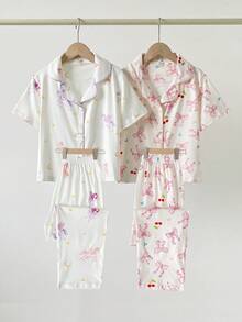 4件組女童睡衣，鈕扣式翻領休閒服，長袖長褲，印花款，春秋款 - 杏色 - 查看 1
