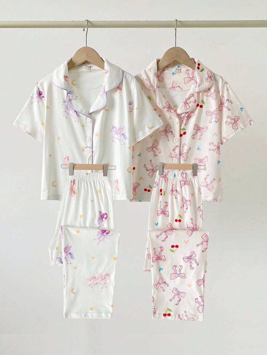 4件組女童睡衣,鈕扣式翻領休閒服,長袖長褲,印花款,春秋款 - 杏色 - 查看 1