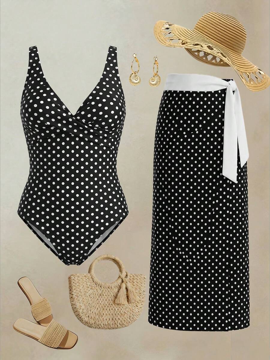 Swim Oasis 2026 Spring Summer Black And White Polka Dot Printed Patchwork One-Piece Set Casual Vintage Elegant Vacation Beach Seaside Outfit For Women - Multicolor - View 1