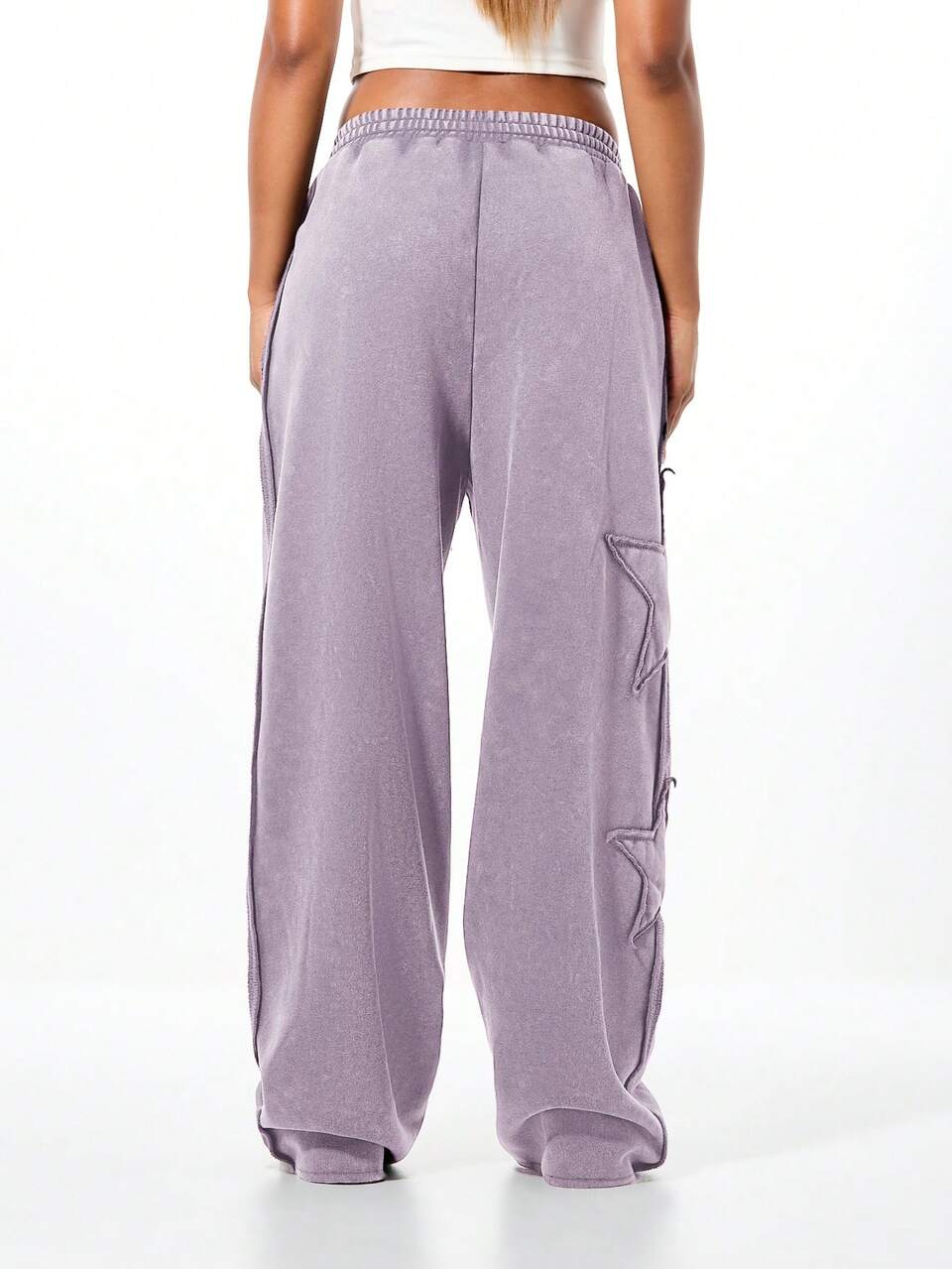 SUMWON WOMEN Oversized Washed Star Applique Wide Leg Joggers Raw Edge Detail Drawstring Elastic Waist Sweatpants