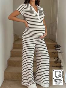SHEIN Maternity Summer Casual Striped Jumpsuit Autumn Outfit Work Outfits - Multicolor - View 1
