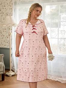 CottageSlumber Women's Bow & Heart Print Short Sleeve Plus Size Nightgown - Pink - View 5