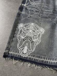 ROMWE MEN Shorts de mezclilla con estampado oscuro y pedrería para hombre - Bronce - Ver 7