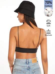 SHEIN BASICS 女款純色休閒百搭日常穿著細肩帶背心上衣 - 黑色 - 查看 2