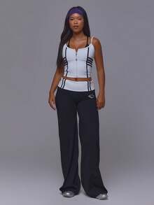 Musera Sport White Striped Style Contrast Double Layered Zip Up Top Only With Crossover Back Gym Active Sports Pilates Running Cute Daily Everyday Void - White - View 5