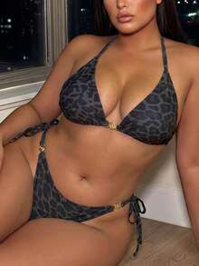 SHEIN Swim 2026 Neues tropisches Leopardenmuster 2-teiliges Bikini-Set mit Metallaccessoires, Große Größen Badebekleidung Sommer Strandurlaub Urlaub Lässig Resort-Kleidung - Grün - Übersicht 2